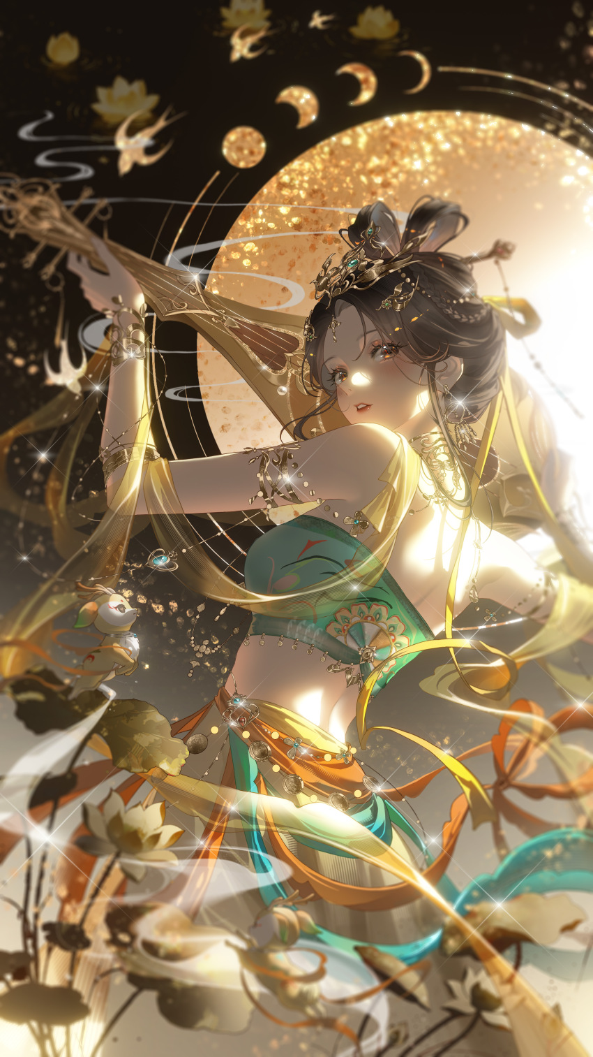 1girl, absurdres, armlet, back, backlighting, bare_shoulders, beads, black_hair