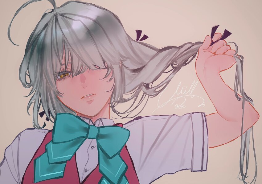 1girl, ahoge, black_ribbon, blue_bow, blue_bowtie, bow, bowtie, brown_background