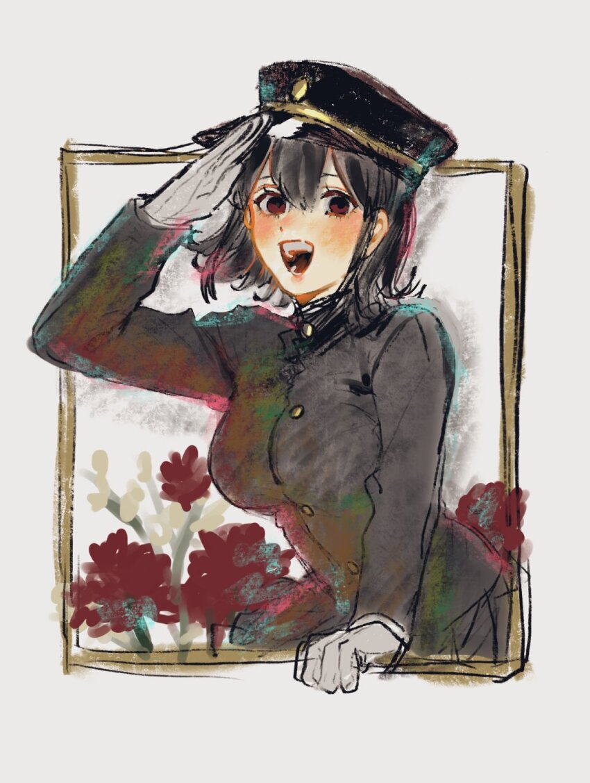 1girl, akitsu_maru_(kancolle), black_hair, black_hat, black_jacket, black_skirt, blush, breasts