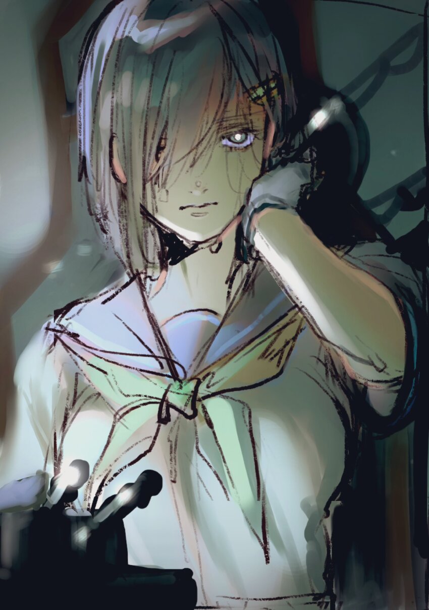 1girl, blue_sailor_collar, breasts, closed_mouth, commentary_request, gloves, grey_hair, hair_ornament, hair_over_one_eye, hairclip, hamakaze_(kancolle), highres, kantai_collection, large_breasts, looking_at_viewer, millroi1000, neckerchief, rigging, sailor_collar, school_uniform, serafuku, short_hair, short_sleeves, sketch, solo, upper_body, white_gloves, yellow_neckerchief