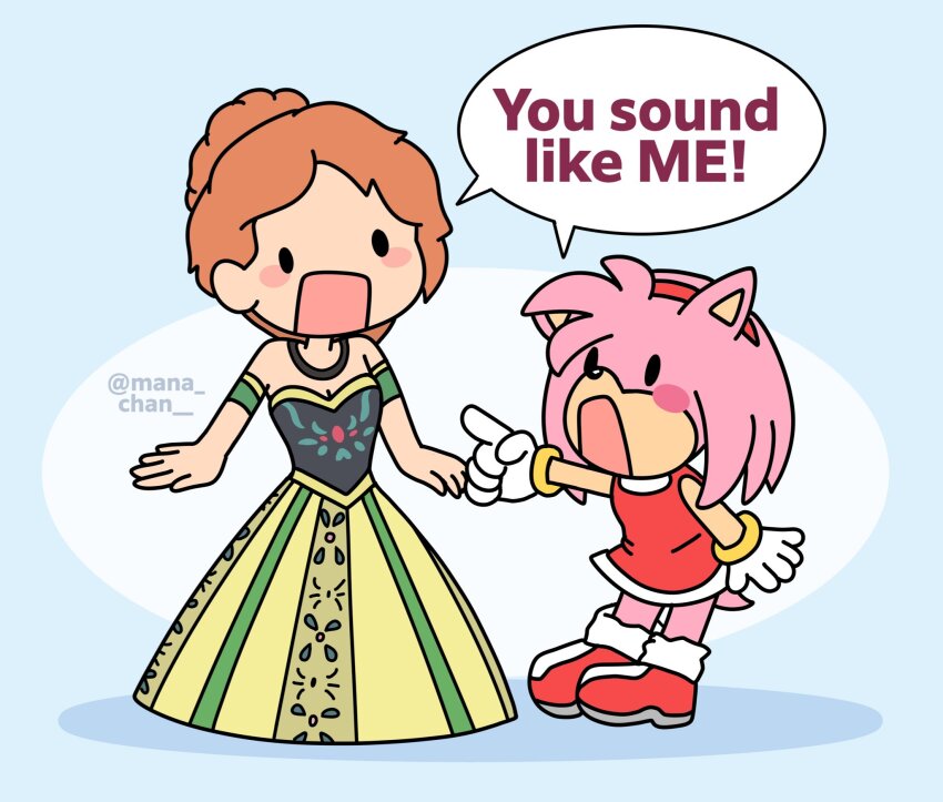 2girls, amy_rose, animal_ears, animal_nose, anna_(frozen), chibi, chibi_only, dress, frozen_(disney), furry, furry_female, gloves, green_dress, hairband, hedgehog_girl, highres, kristen_bell, mana-chan, multiple_girls, orange_hair, pink_fur, pink_hair, red_dress, red_hairband, sonic_(series), voice_actor_connection, white_gloves