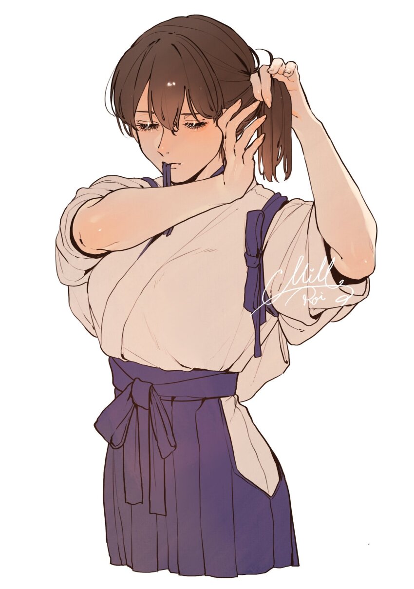 1girl, adjusting_hair, blue_hakama, breasts, brown_hair, closed_eyes, closed_mouth, commentary_request, cropped_legs, eyelashes, hair_between_eyes, hakama, hakama_skirt, highres, japanese_clothes, kaga_(kancolle), kantai_collection, kimono, large_breasts, millroi1000, mouth_hold, ribbon, ribbon_in_mouth, side_ponytail, signature, simple_background, skirt, solo, tasuki, white_background, white_kimono