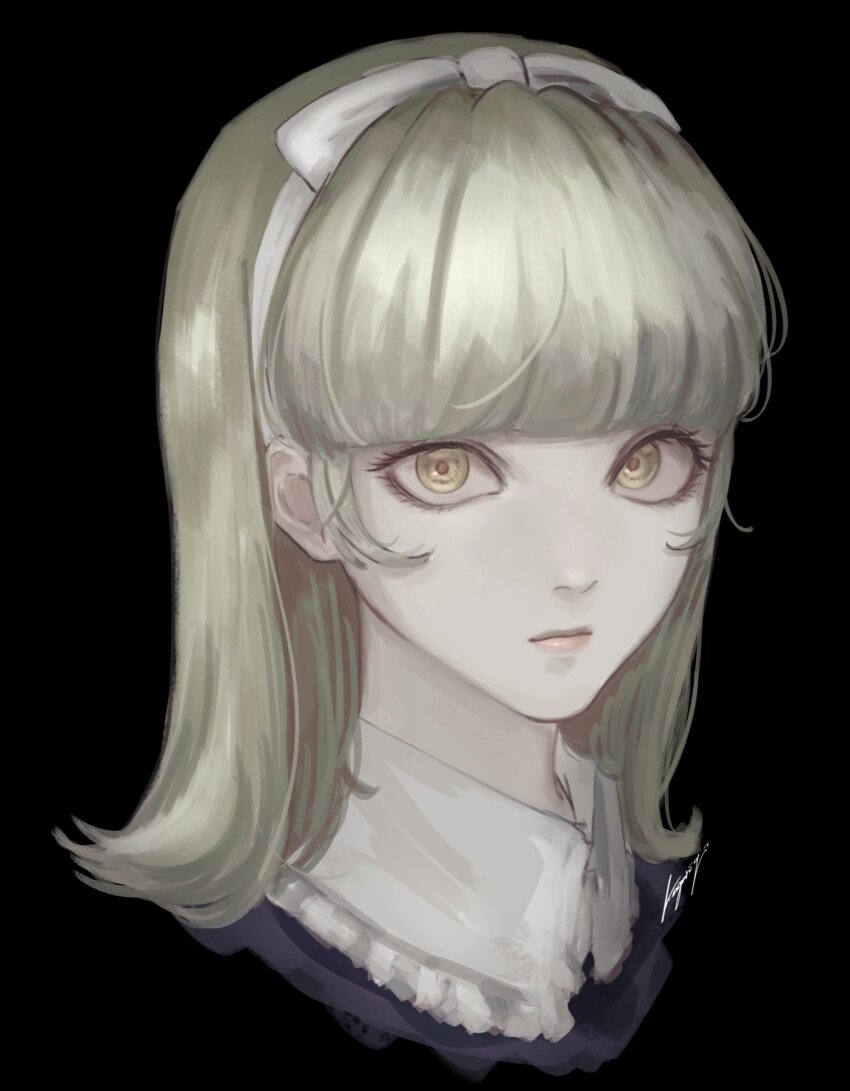 1girl, alice_(megami_tensei), black_background, blonde_hair, bow, bow_hairband, closed_mouth, commentary_request