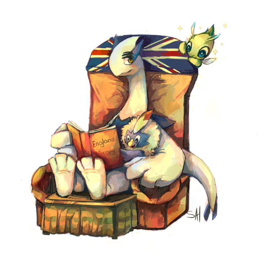 bedtime_story, brown_eyes, celebi, closed_mouth, commentary, english_commentary, english_text, full_body