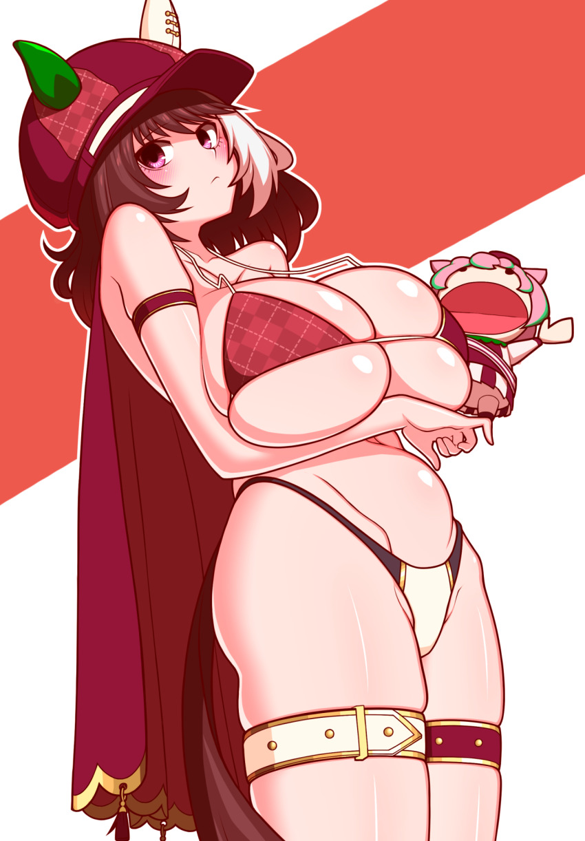 1girl, alternate_breast_size_(larger), animal_ears, armband, belt, bikini, blush, breasts