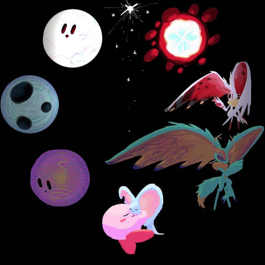 antlers, beko_(beco_maru), black_background, blush_stickers, chaos_elfilis, closed_eyes, colored_skin, elfilin, fecto_elfilis, furry, highres, horns, hug, kirby, kirby_(series), kirby_and_the_forgotten_land, kirby_star_allies, nintendo, notched_ear, pink_skin, simple_background, void_(kirby), void_soul, void_termina, void_termina_(final_core), wing_ears