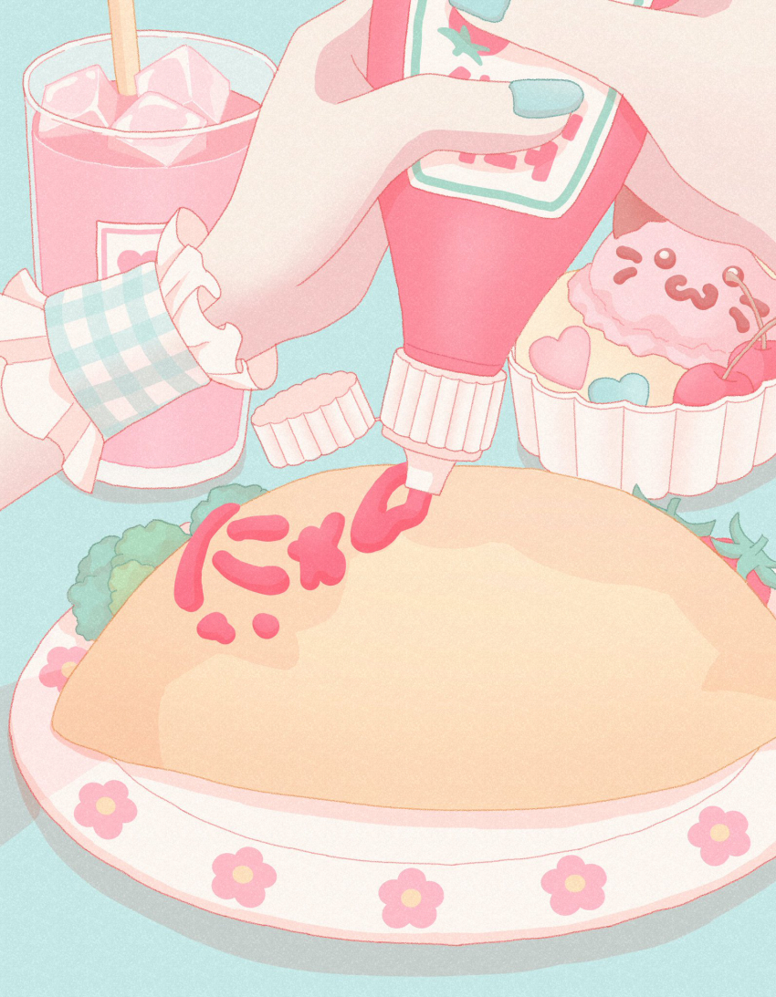 1girl, blue_background, blue_nails, blue_wrist_cuffs, bottle, broccoli, checkered_wrist_cuffs, cherry