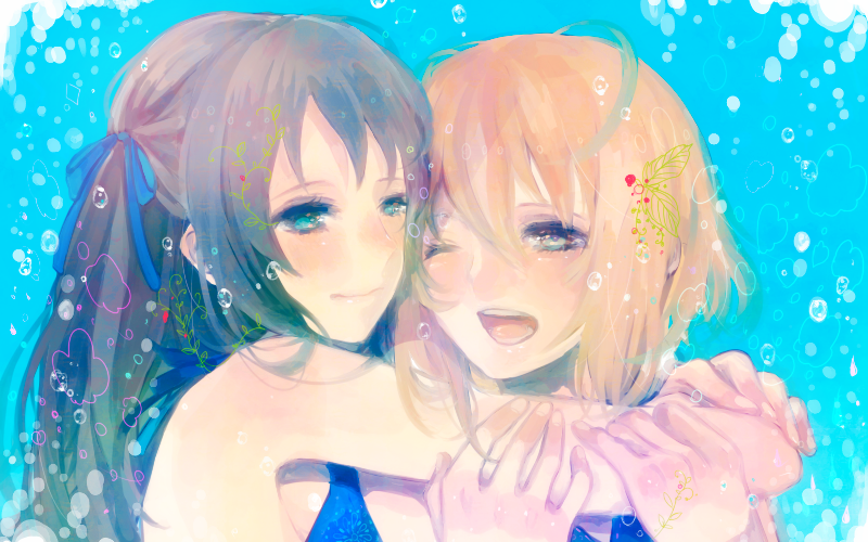 2girls, ;d, arm_grab, bad_id, bad_pixiv_id, blonde_hair, blue_background, blue_eyes