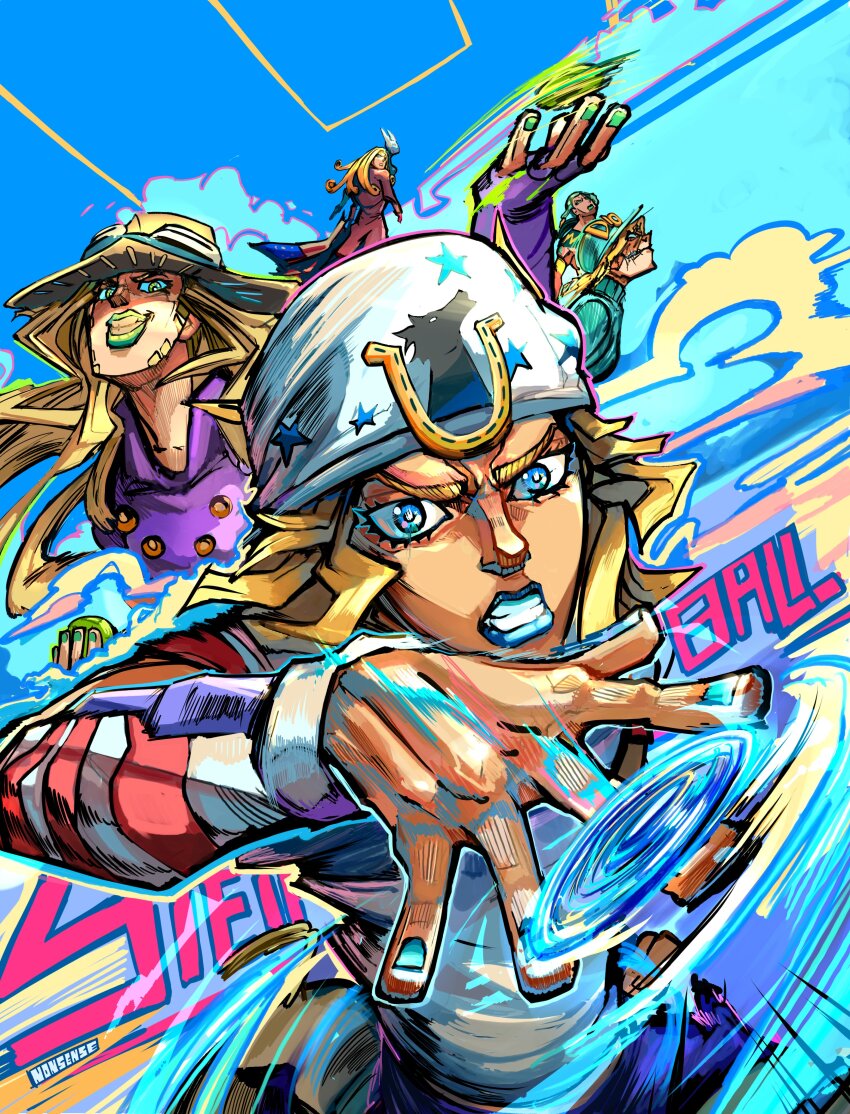 2boys, absurdres, blue_lips, commentary, english_commentary, gold_teeth, gyro_zeppeli, heart_ornament