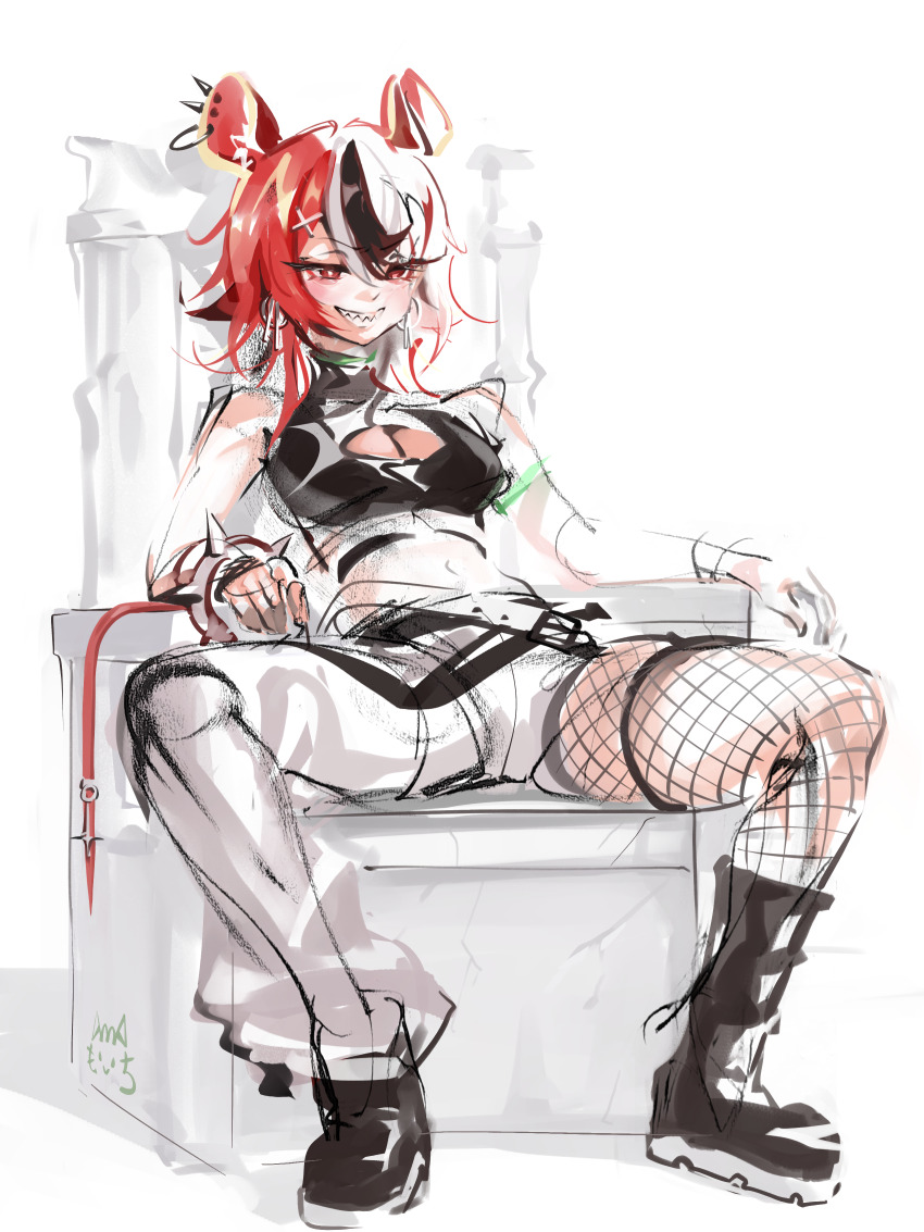 1girl, :d, absurdres, animal_ear_piercing, animal_ears, asymmetrical_clothes, black_boots, black_shirt