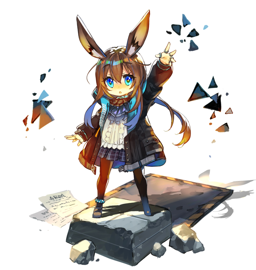 1girl, amiya_(arknights), animal_ears, arknights, arm_up, ascot, black_jacket, black_pantyhose, black_shoes, blue_ascot, blue_eyes, blue_skirt, brown_hair, chibi, chibi_only, commentary_request, faux_figurine, full_body, hair_between_eyes, highres, jacket, long_hair, long_sleeves, looking_at_viewer, magnedrop, open_clothes, open_jacket, pantyhose, ponytail, rabbit_ears, rabbit_girl, rock, shirt, shoes, skirt, snow, solo, white_background, white_shirt