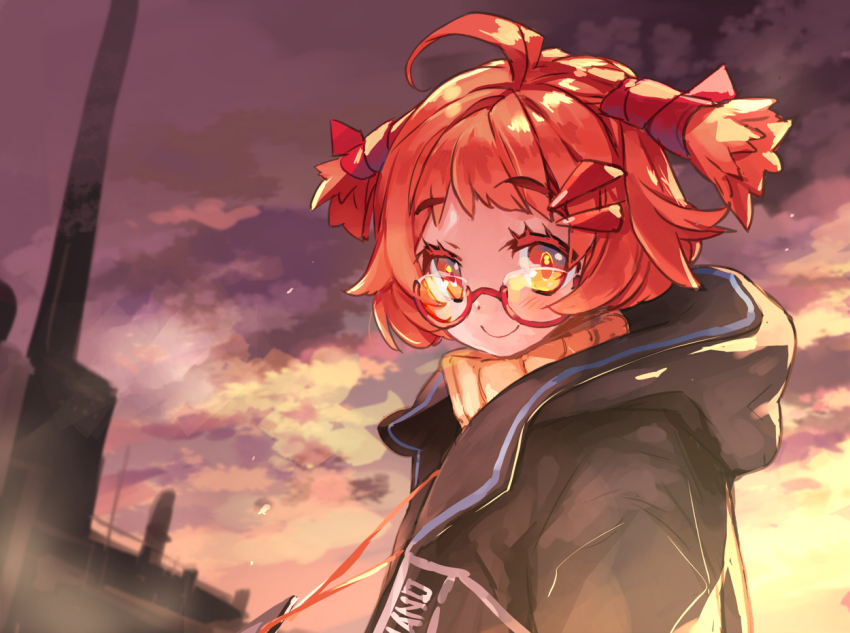 1girl, ahoge, animal_ears, arknights, beagle_(arknights), black_jacket, closed_mouth, cloud