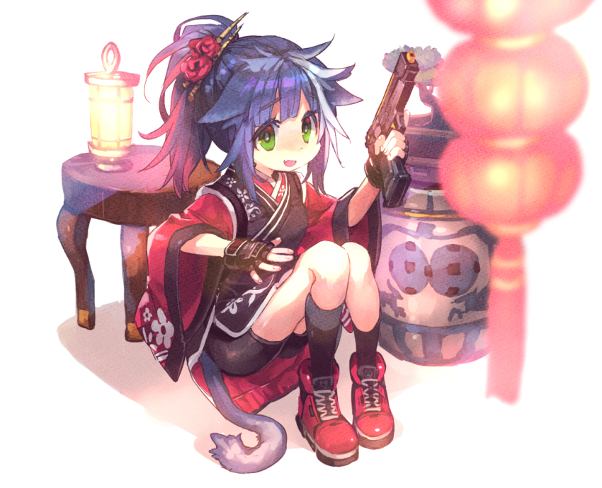 1girl, animal_ears, arknights, black_dress, black_gloves, black_socks, blue_hair, cat_ears