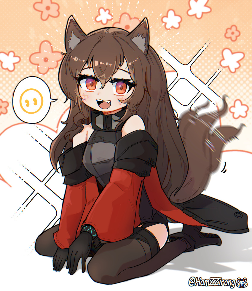 1girl, :d, absurdres, afterimage, alternate_hairstyle, angelina_(arknights), animal_ear_fluff, animal_ears