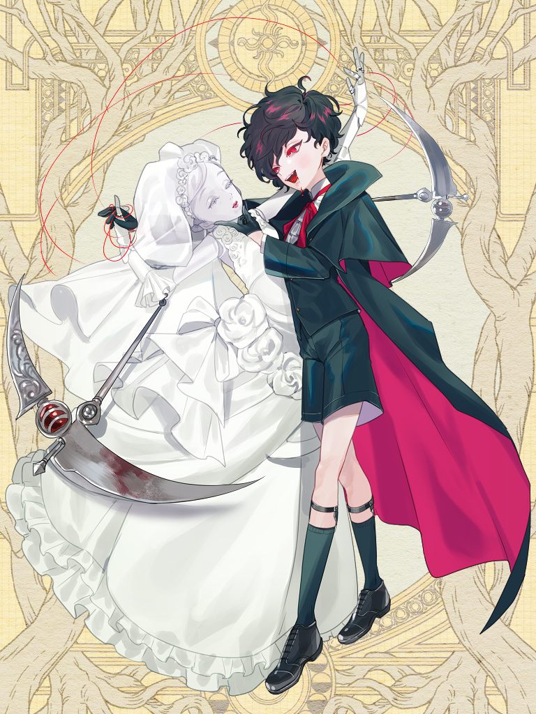 2girls, :d, arm_up, black_cape, black_hair, black_jacket, black_shoes, black_shorts