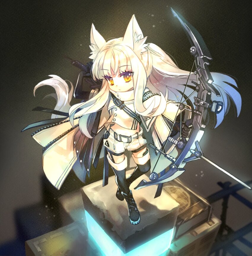 1girl, animal_ear_fluff, animal_ears, arknights, black_boots, black_gloves, boots, bow_(weapon), cape, chibi, chibi_only, commentary_request, faux_figurine, full_body, gloves, glowing, holding, holding_bow_(weapon), holding_weapon, horse_ears, horse_girl, horse_tail, jacket, long_hair, looking_at_viewer, magnedrop, navel, platinum_(arknights), shorts, solo, standing, tail, thigh_boots, very_long_hair, weapon, white_cape, white_hair, white_jacket, white_shorts, yellow_eyes