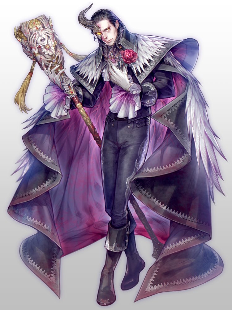 1boy, ascot, black_boots, black_cape, black_hair, black_horns, black_jacket, black_pants, boots, brooch, cape, closed_mouth, collared_cape, crossed_legs, dairoku_ryouhei, demon_horns, disembodied_hand, expressionless, eye_mask, feather-trimmed_cape, feather_trim, flower, fold-over_boots, frilled_sleeves, frills, full_body, gloves, grey_background, hair_slicked_back, half_eye_mask, hand_on_own_chest, higashi_0_0, holding, holding_flower, holding_staff, horned_mask, horns, jacket, jewelry, long_sleeves, looking_at_viewer, male_focus, mask, medium_hair, ornate_ring, pants, pants_tucked_in, purple_cape, red_flower, red_rose, ring, rose, scar, scar_on_face, simple_background, single_horn, sleeve_cuffs, solo, staff, standing, tassel, two-sided_cape, two-sided_fabric, veins, watson_cross, white_ascot, white_gloves, yellow_eyes