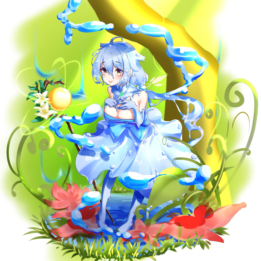 1girl, blue_boots, blue_capelet, blue_dress, blue_gloves, blue_hair, boots, breasts