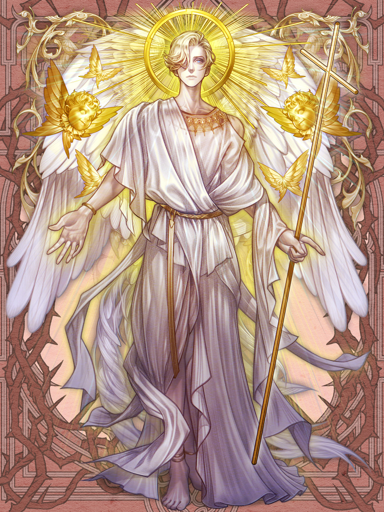 1boy, angel, angel_wings, anklet, aura, barefoot, blonde_hair, blue_eyes, bracelet, brown_background, cherub, closed_mouth, collarbone, curtained_hair, dairoku_ryouhei, disembodied_head, feathered_wings, full_body, gold, hair_over_one_eye, halo, higashi_0_0, holding, holding_staff, jakes_liar, jewelry, looking_at_viewer, male_focus, one_eye_covered, outstretched_arms, robe, sash, short_hair, short_sleeves, single_bare_shoulder, solo, spiked_halo, spread_arms, staff, standing, sunburst, waist_sash, white_robe, white_wings, wings