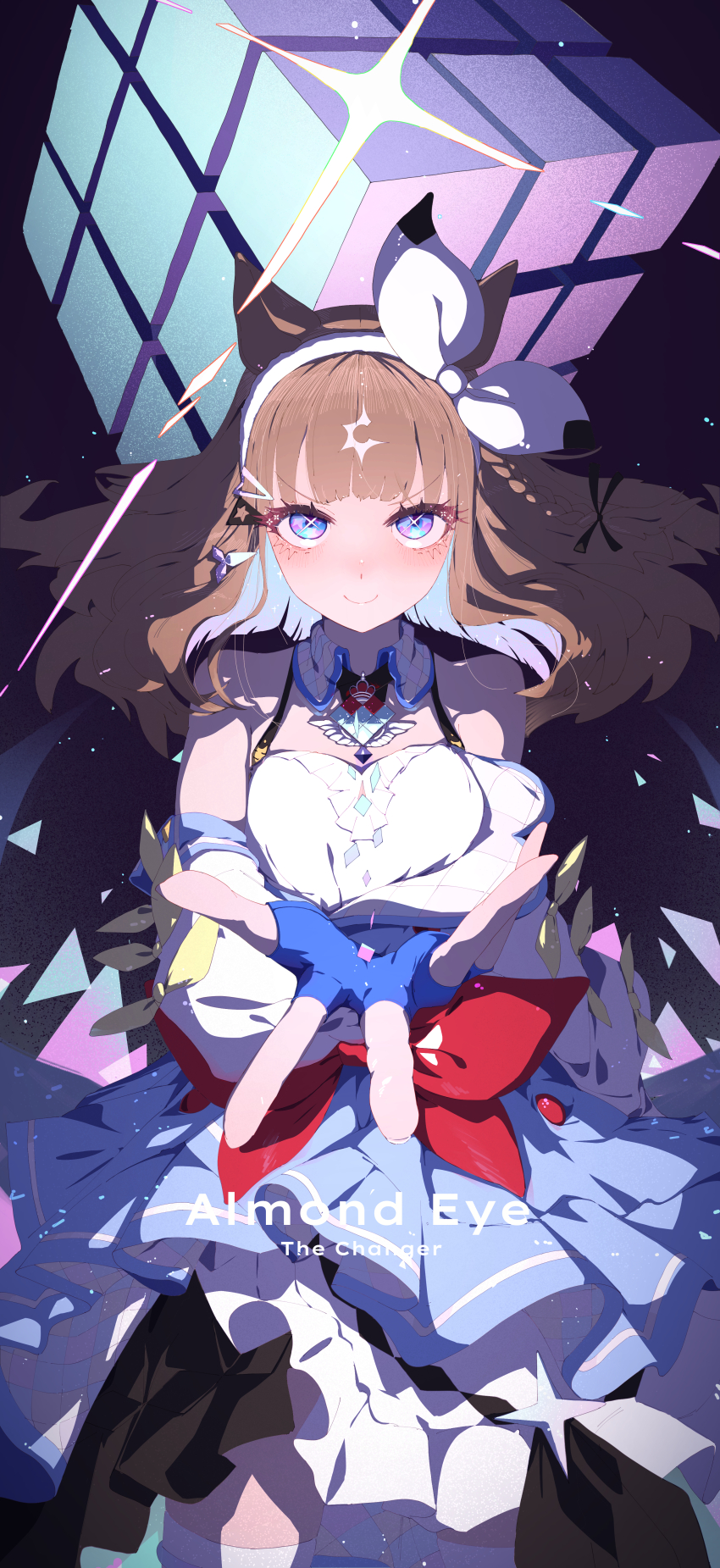 +_+, 1girl, absurdres, almond_eye_(the_changer)_(umamusume), almond_eye_(umamusume), animal_ears, bare_shoulders, blue_eyes