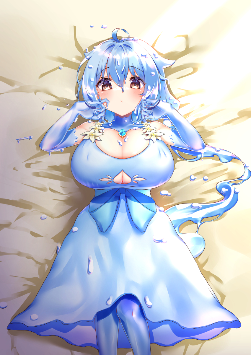 1girl, absurdres, ahoge, blue_dress, blue_gloves, blue_hair, blue_ribbon, blue_thighhighs