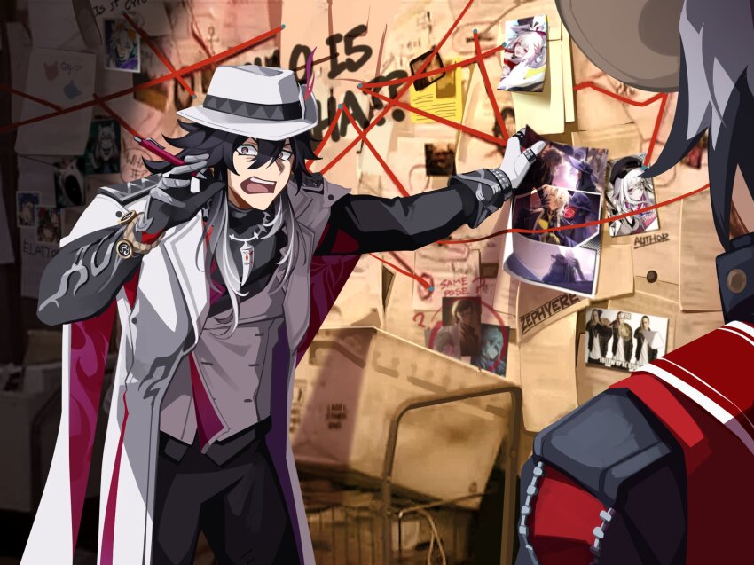 2boys, aha_(honkai:_star_rail), ashveil_(honkai:_star_rail), asymmetrical_sleeves, black_hair, boothill_(honkai:_star_rail), bracelet, commentary, cutoffs, dottore_(genshin_impact), english_commentary, fedora, genshin_impact, gloves, gradient_hair, grey_eyes, hair_between_eyes, hat, highres, honkai:_star_rail, honkai_(series), jacket, jewelry, looking_at_another, lygus_(honkai:_star_rail), male_focus, meme, mismatched_sleeves, multicolored_hair, multiple_boys, nanook_(honkai:_star_rail), necklace, nihilux_(honkai:_star_rail), pants, paper, pen, photo_(object), shouting, single_glove, sparkle_(honkai:_star_rail), sparxie_(honkai:_star_rail), streaked_hair, teeth, thread, tooth_necklace, upper_teeth_only, v-shaped_eyebrows, vest, waistcoat, white_hair, woe_plague_be_upon_ye_(meme), zandar_one_kuwabara, zephyere, zipper