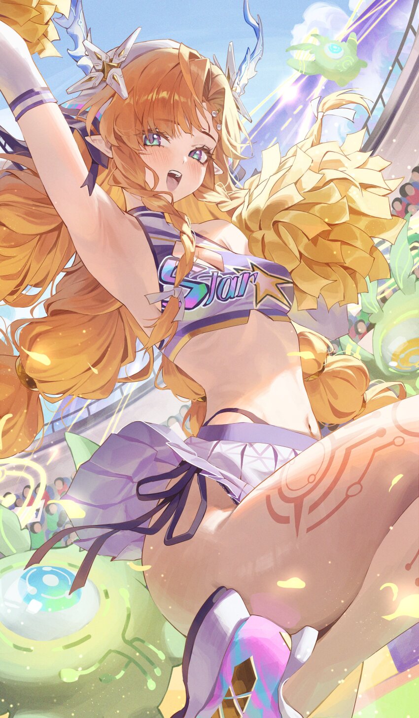 1girl, absurdres, alternate_costume, arm_up, armpits, blue_sky, blush, body_markings, braid, braided_sidelocks, breasts, cheerleader, commentary_request, day, green_eyes, highres, leg_up, long_hair, looking_at_viewer, medium_breasts, miniskirt, navel, netural, open_mouth, orange_hair, outdoors, people, pointy_ears, pom_pom_(cheerleading), sidelocks, sigrika_(wuthering_waves), skirt, sky, smile, soliskin_(wuthering_waves), solo_focus, stomach, thighs, veil, white_skirt, white_veil, wuthering_waves