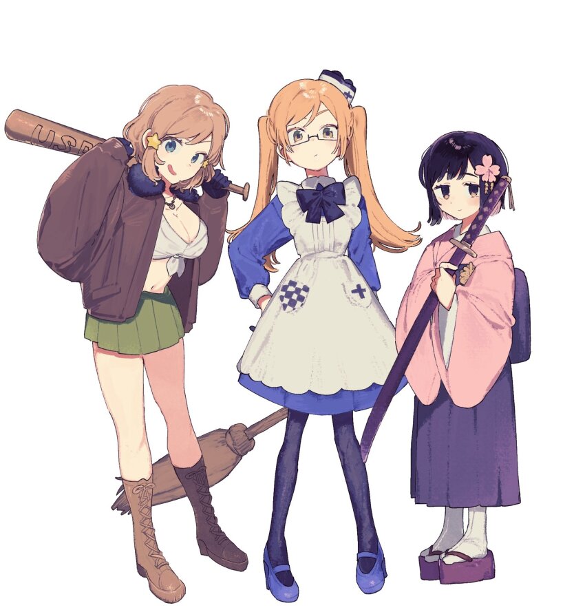 3girls, america_(female)_(hetalia), america_(hetalia), apron, axis_powers_hetalia, b_b_8681, back_bow, baseball_bat, black-framed_eyewear, black_gloves, black_hair, blonde_hair, blue_dress, blue_pantyhose, blue_shoes, blush, boots, bow, bowtie, breasts, brown_boots, brown_jacket, cleavage, closed_mouth, collarbone, collared_dress, colored_inner_hair, commentary_request, crop_top, dress, flower, frills, full_body, fur-trimmed_jacket, fur_trim, genderswap, genderswap_(mtf), glasses, gloves, green_eyes, green_skirt, hair_flower, hair_ornament, hakama, hakama_skirt, half-closed_eyes, hand_on_own_hip, hands_up, hat, highres, holding, holding_baseball_bat, holding_sword, holding_weapon, jacket, japan_(female)_(hetalia), japan_(hetalia), japanese_clothes, jewelry, kanzashi, katana, kimono, large_bow, large_breasts, long_hair, long_skirt, long_sleeves, looking_at_viewer, mini_hat, miniskirt, multicolored_hair, multiple_girls, necklace, open_clothes, open_jacket, open_mouth, orange_hair, pantyhose, pink_flower, pink_hair, pink_kimono, pleated_skirt, pocket, puffy_long_sleeves, puffy_sleeves, purple_bow, purple_bowtie, purple_hakama, purple_shoes, purple_skirt, ribbon, semi-rimless_eyewear, shoes, short_hair, simple_background, skirt, smile, socks, standing, star_(symbol), star_hair_ornament, sword, tank_top, twintails, united_kingdom_(female)_(hetalia), united_kingdom_(hetalia), v-shaped_eyebrows, weapon, white_apron, white_background, white_hat, white_ribbon, white_socks, white_tank_top, wide_sleeves, yellow_eyes