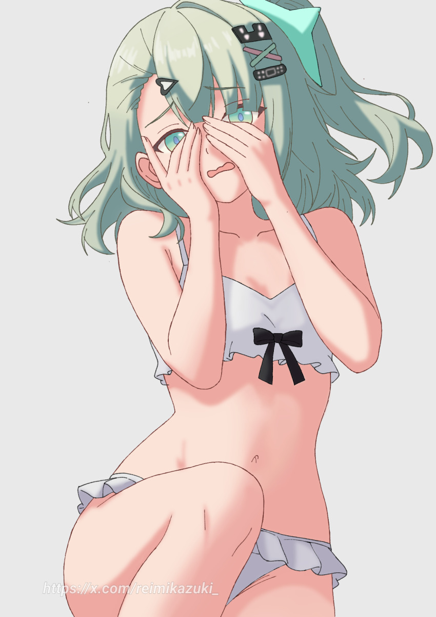 1girl, angels_of_delusion, bikini, bikini_skirt, black_bow, bow, collarbone, commentary_request, covering_face, covering_own_face, embarrassed, frilled_bikini, frills, green_eyes, green_hair, hair_ornament, hand_blush, hands_on_own_face, highres, leg_up, looking_at_viewer, mikazuki_rei, multiple_hair_clips, navel, open_mouth, peeking_through_fingers, simple_background, solo, sunna_(zenless_zone_zero), swimsuit, thighs, white_background, white_bikini, zenless_zone_zero