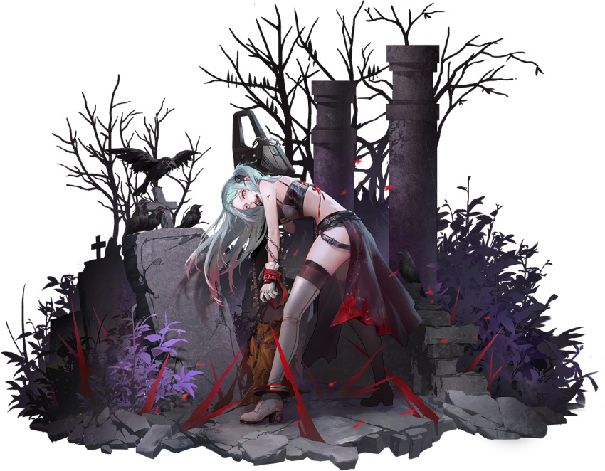 1girl, artist_request, asymmetrical_gloves, bare_tree, bird, black_ribbon, breasts, chain