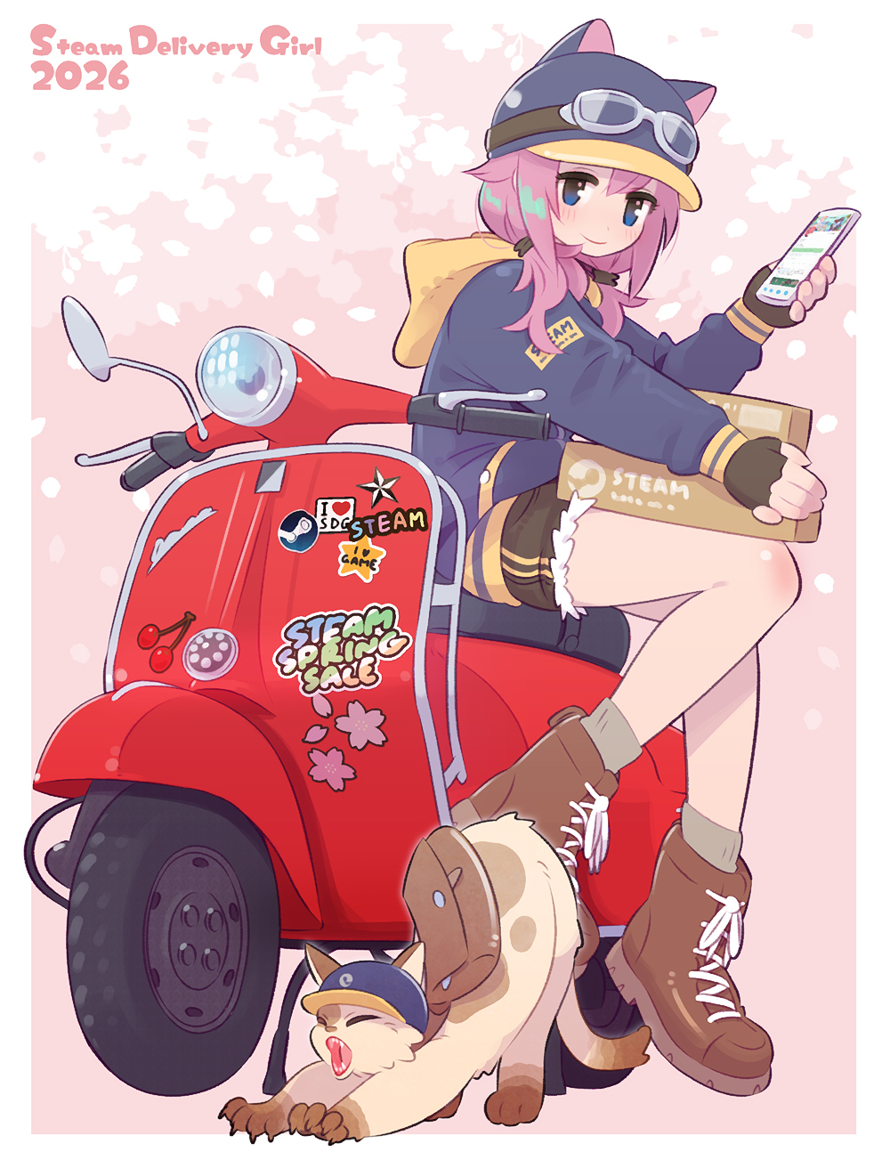 1girl, animal_ear_headwear, ankle_socks, bag, blue_eyes, blue_hat, blue_hoodie, boots, box, brown_boots, brown_gloves, brown_shorts, brown_socks, cat, character_name, cherry_blossom_background, dated, fake_animal_ears, fingerless_gloves, full_body, fur-trimmed_shorts, fur_trim, gloves, goggles, goggles_on_head, goggles_on_headwear, hair_between_eyes, hat, highres, holding, holding_box, holding_phone, hood, hoodie, lace-up_boots, light_smile, long_hair, looking_at_viewer, low_twintails, messenger_bag, motor_vehicle, on_scooter, package, petals, phone, picogames_off, pink_background, pink_hair, scooter, short_shorts, shorts, shoulder_bag, simple_background, sitting, socks, steam_(platform), steam_delivery_girl, steam_logo, sticker, stretching, too_many_stickers, twintails, two-tone_hoodie, yawning, yellow_hoodie