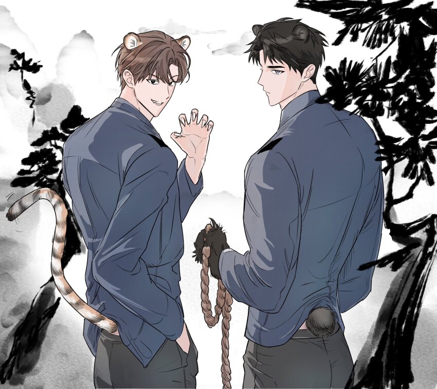 2boys, agent_choi, animal_ears, bear_boy, bear_ears, bear_tail, black_hair, black_pants