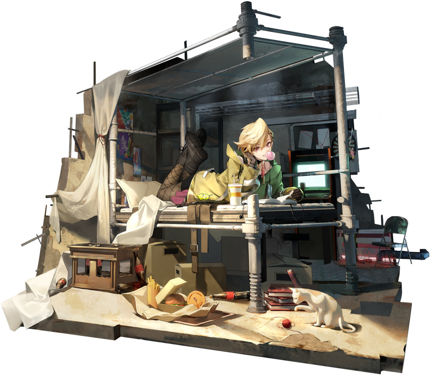 1girl, arcade_cabinet, artist_request, black_boots, black_gloves, blonde_hair, blowing_bubble_gum, book