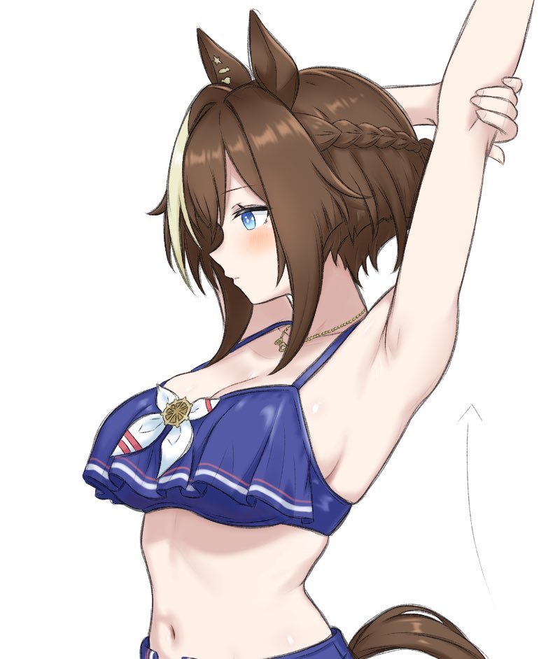 1girl, animal_ears, armpits, arms_behind_head, arms_up, bikini, blue_bikini, blue_eyes, blush, braid, breasts, brown_hair, cheval_grand_(summer_calm_navy_drop)_(umamusume), cheval_grand_(umamusume), cleavage, closed_mouth, commentary_request, from_side, hair_between_eyes, half_up_braid, horse_ears, horse_girl, horse_tail, large_breasts, multicolored_hair, nanasedayoxd, navel, official_alternate_costume, official_alternate_hairstyle, short_hair, short_hair_with_long_locks, sidelocks, simple_background, solo, streaked_hair, stretching, swimsuit, tail, umamusume, white_background, white_streaks