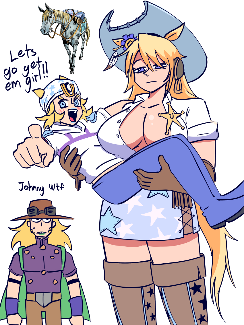 1girl, 2boys, absurdres, animal_ears, blonde_hair, blue_hat, blue_skirt, boots