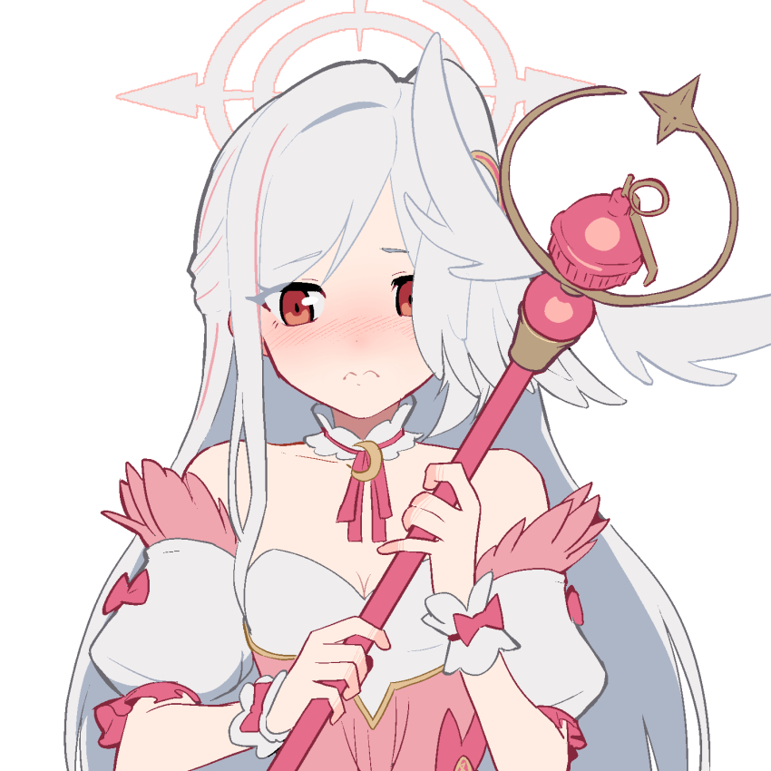 1girl, averting_eyes, backscratcher777, bare_shoulders, blue_archive, blush, breasts, bustier