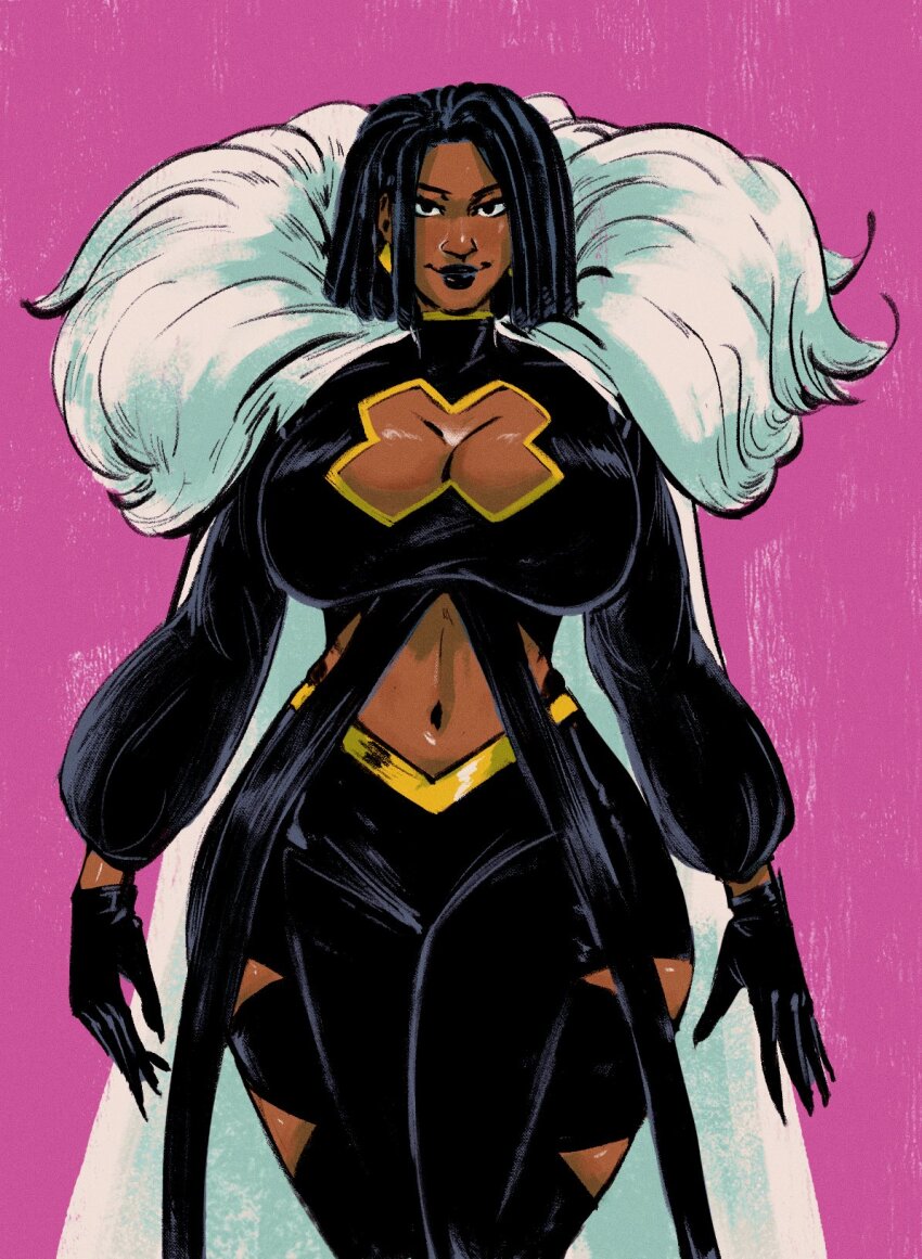 black_diamond_(x-men), black_gloves, black_hair, black_lips, bodysuit, breasts, cape, cleavage