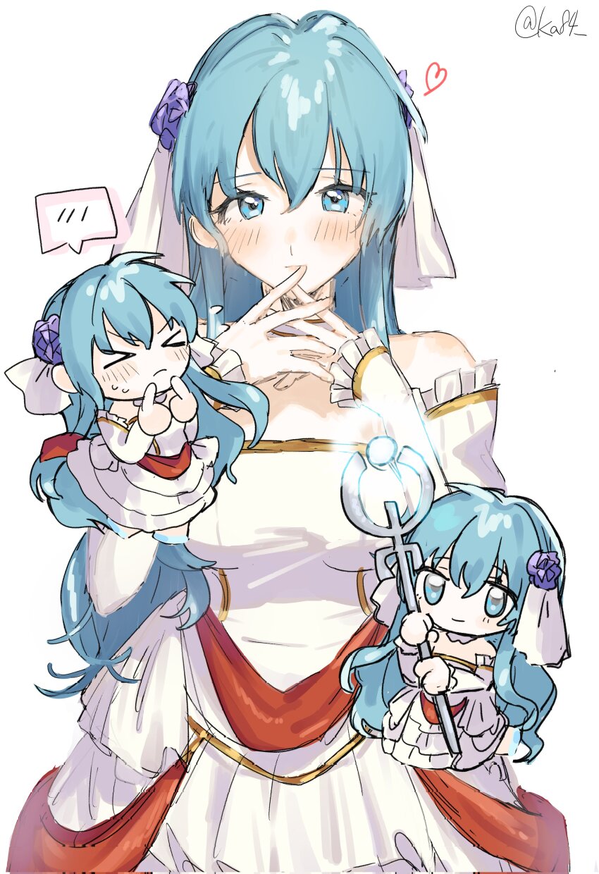 >_<, 1girl, absurdres, blue_eyes, blue_hair, breasts, bride, chibi