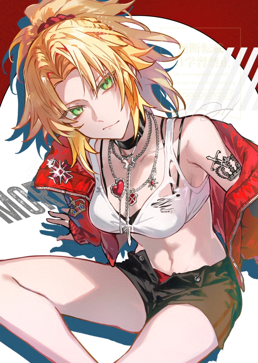 1girl, arm_tattoo, artist_name, badge, bare_shoulders, black_bra, black_choker, black_shorts