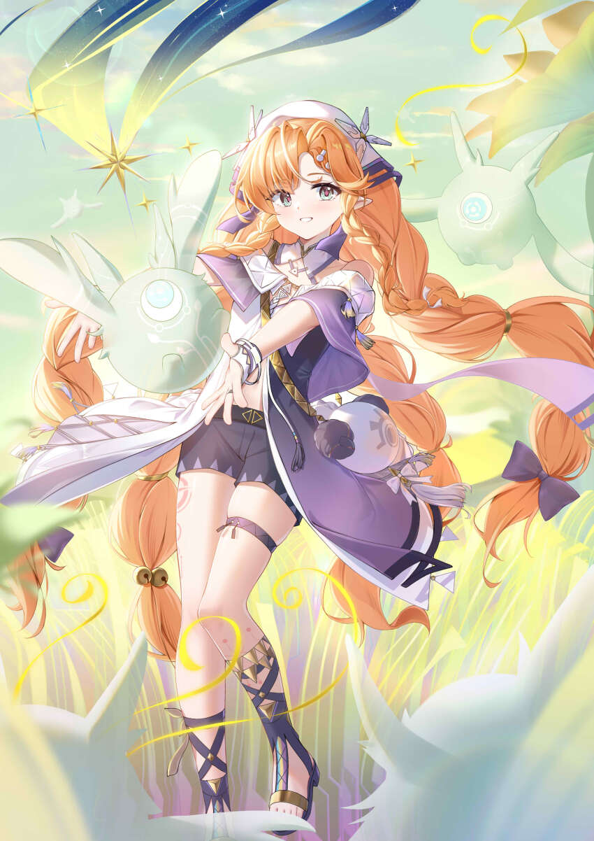 1girl, absurdres, body_markings, braid, braided_bangs, commentary_request, dian_zhi_sang, gladiator_sandals