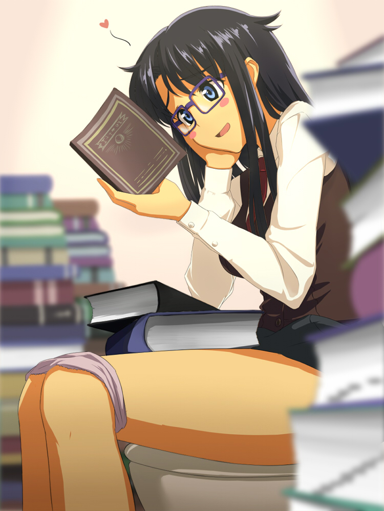 00s, 1girl, black_hair, blush, blush_stickers, book, female_focus, glasses