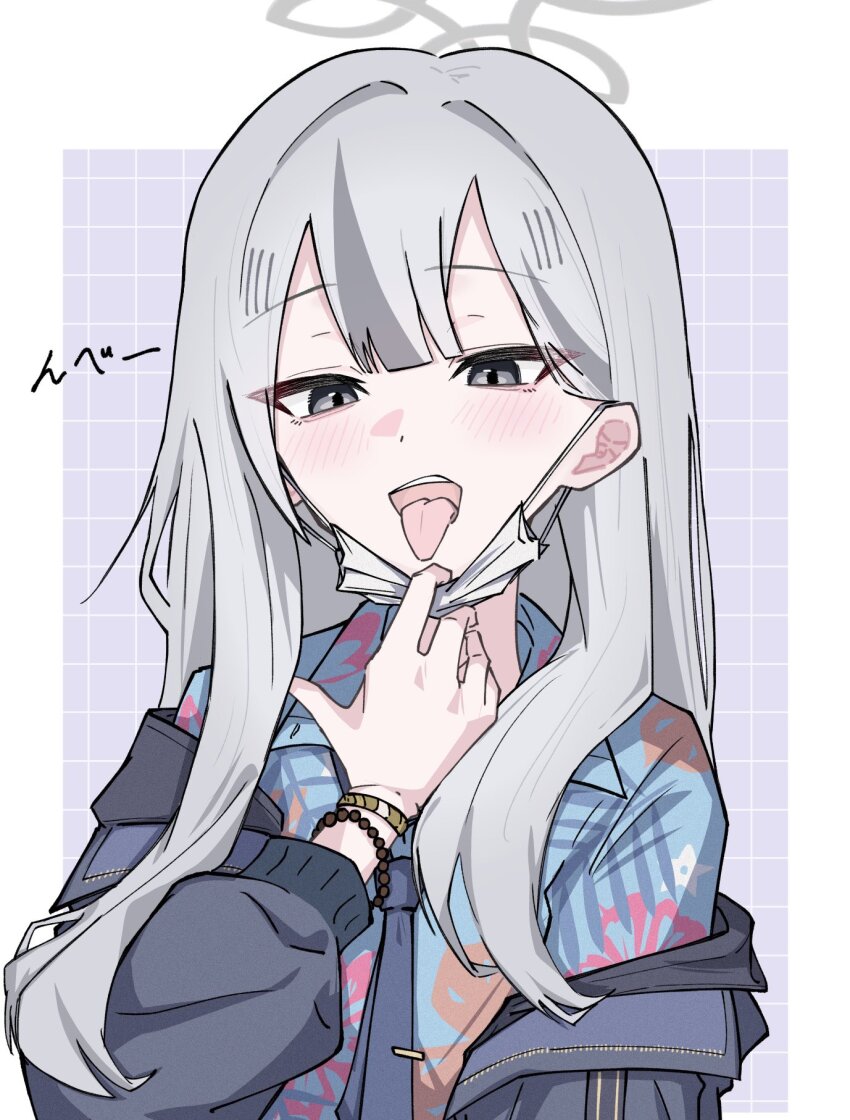 1girl, blue_archive, blue_jacket, blue_necktie, blue_shirt, border, collared_shirt, commentary_request