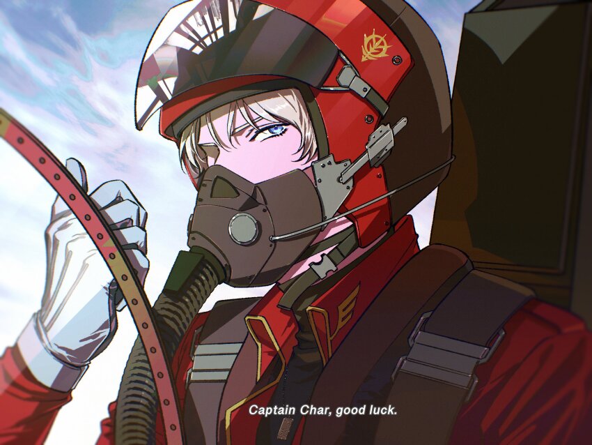 1boy, blonde_hair, blue_eyes, char_aznable, cockpit, commentary_request, gloves, gundam, gundam_gquuuuuux, halcyon_(gugfuggugfug), helmet, highres, jacket, male_focus, mask, military_uniform, pilot, pilot_helmet, short_hair, sky, solo