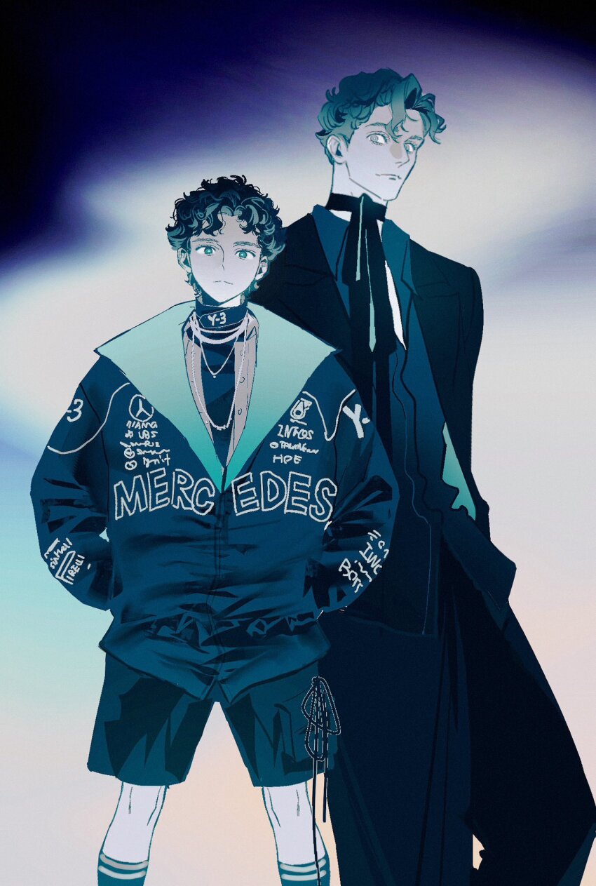 2boys, andrea_kimi_antonelli, closed_mouth, coat, collared_shirt, commentary, english_commentary, english_text