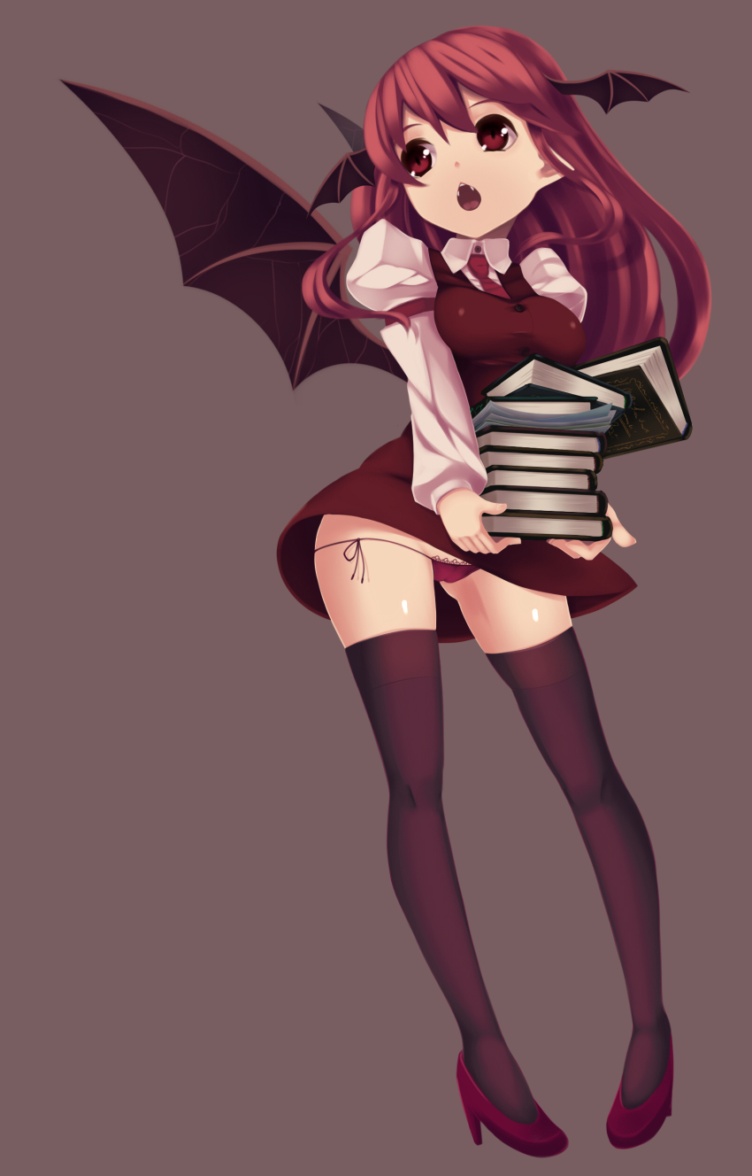1girl, absurdres, arm_garter, bad_id, bad_pixiv_id, bat_wings, black_thighhighs, book