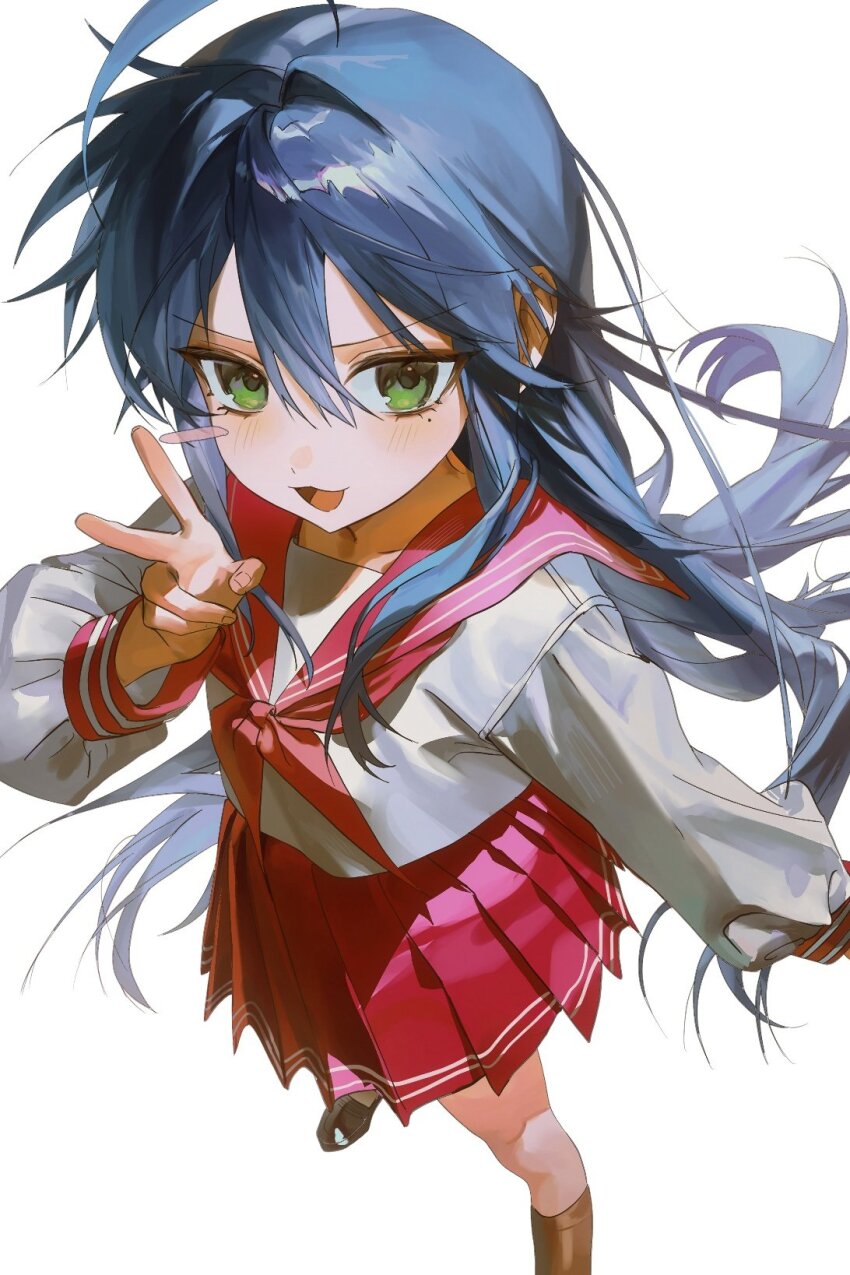 1girl, ahoge, blue_hair, commentary, english_commentary, green_eyes, hair_between_eyes, hhuu1332