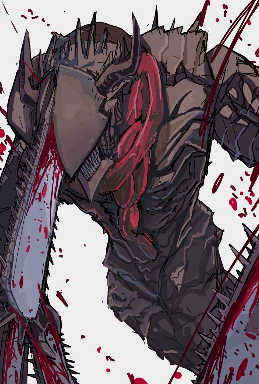 blood, blood_on_face, blood_on_hands, blood_splatter, bloody_weapon, chainsaw, chainsaw_man, colored_skin