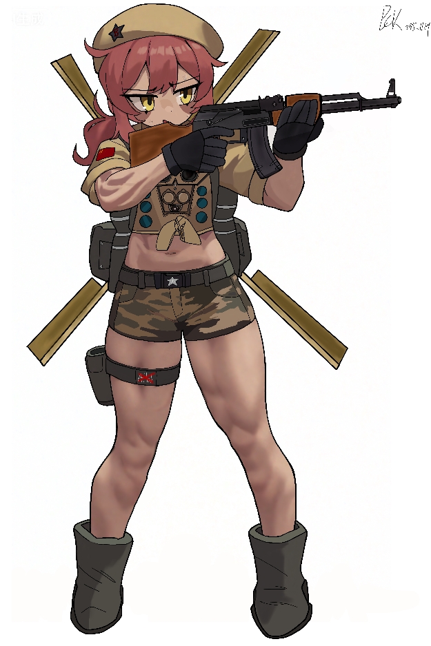 1girl, aircraft, ak-47, assault_rifle, beret, black_gloves, camouflage, camouflage_shirt