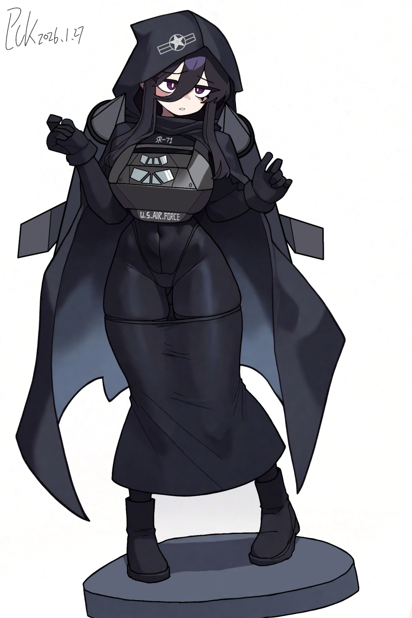 1girl, aircraft, airplane, armor, black_bodysuit, black_cape, black_gloves, black_hair