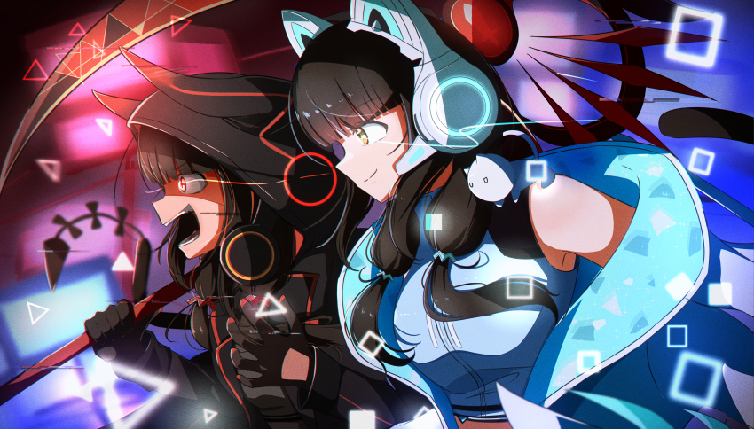 2girls, absurdres, animal_ear_headphones, animal_ears, asakura_karen_(code:virtual_killer)_(heaven_burns_red), asakura_karen_(heaven_burns_red), black_hair, black_hoodie